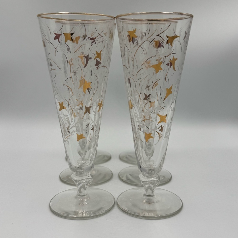 Vintage Libbey MCM Royal Fern Gold/White Pilsner Glasses Set of 6